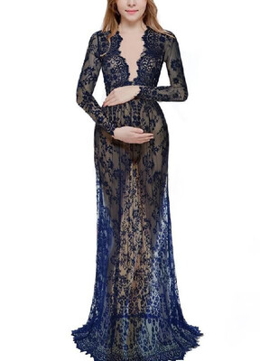 

V-neck Sexy See-through Lace Maxi Dress