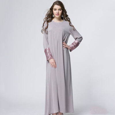 

〖Follure〗Women O-Neck Solid Long Sleeve Sequin Patchwork Sleeve Muslim Custom Long Dress