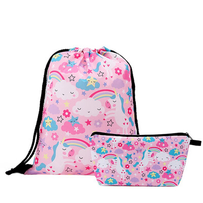 

Cartoon Rainbow Unicorn Bag Set Women Girl Glitter Drawstring Backpack Handbag