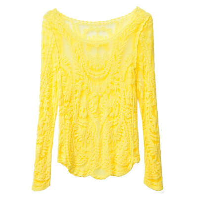 

Stylish Scoop Collar Long Sleeve See-through Solid Color Women Blouse