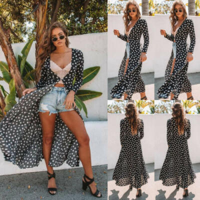 

Women Long Sleeve Summer Polka Dot Printed Beach Casual Loose Shirt Beach Dress