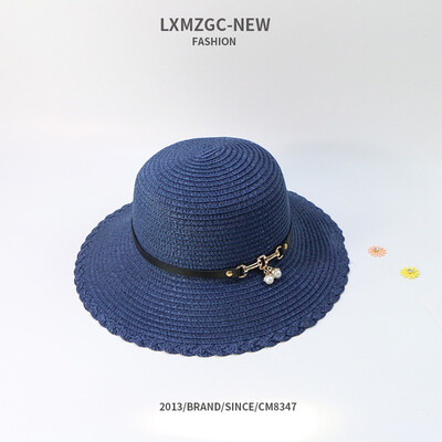 

Big brim pearl belt straw hat outdoor sun visor sun visor spring&summer new Korean lace Joker basin cap