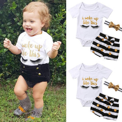 

New 3Pcs Toddler Baby Girls Casual T-Shirt Tops Shorts hairband Set Kids Clothes Outfits