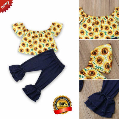 

US New Toddler Kid Baby Girl Off-Shoulder Tops Denim Pants Trousers Clothes 2PCS