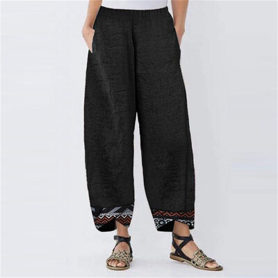 

Gobestart Fashion Womens Plus Size Pocket Lrregular Print Splice Loose Cotton Linen Pants