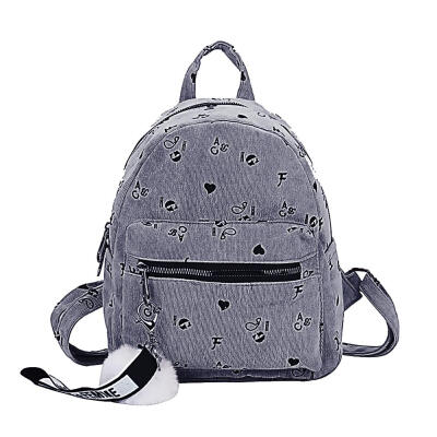 

Pompom Pendant Printing Travel Backpacks Canvas Women Small School Bags