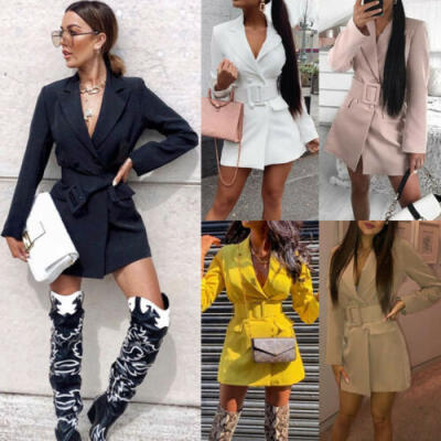 

Women Bodycon Lapel Blazer Double Breasted Long Sleeve V-neck Dress Formal Work