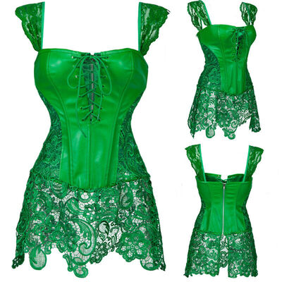 

SLIMBELLE Women Sexy Faux Leather Steampunk Boned Bustier Black Lace Dress Corset Clubwear