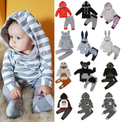 

2PCS Toddler Newborn Baby Boy Girl Hooded T-Shirt TopsPants Outfits Clothes Set