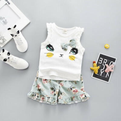 

US Lovely Infant Baby Girl Kid Kitten Flowers Tops Pants Summer Clothes Outfits