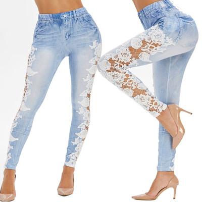 

Tailored Womens High Waist Hole Jeans Button Perspective Lace Trousers Pant