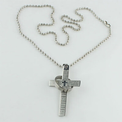 

Men Stainless Steel Prayer Cross Ring Pendant Ball Chain Punk Necklace Jewelry