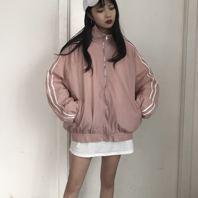 

Patchwork Solid Striped Women Windbreaker zipped Long Sleeve Jacket High Neck 2019 Spring Autumn Women Athleisure Coats
