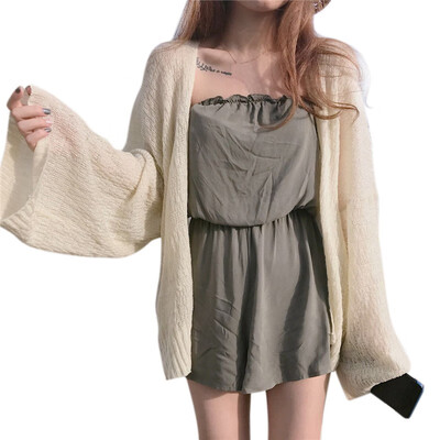 

Loose Sun Protection Flare Sleeve Solid Knitted Cardigan Womens Shirts Preppy Style Full Sleeve Summer Sunscreen Blouse Shirt