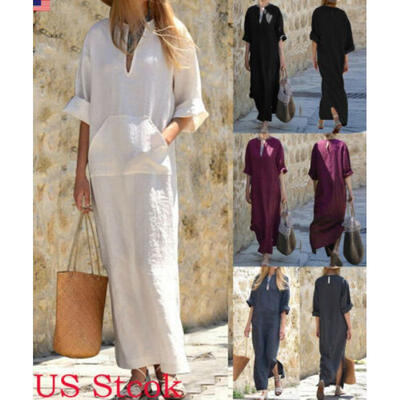 

New Womens Long Sleeve Boho Party Casual Cotton Linen Kaftan Maxi Split Dresses