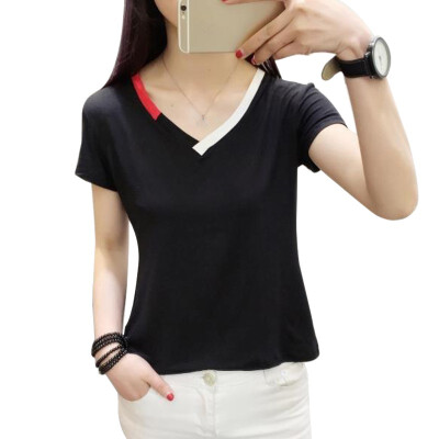 

Female Summer Loose T-shirt Solid V-neck Top Women T-shirt