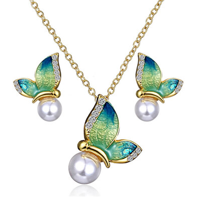 

Animal Butterfly Jewelry Set Enamel Butterfly Earrings Necklace Pendant Sets Imitation Pearls Women Wedding Party Jewelry