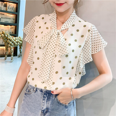 

Tops Women Blouses Cute Bow Decoration Blouse Polka Dot Autumn Short Sleeve Femme Shirts Print Chiffon Women Blouses