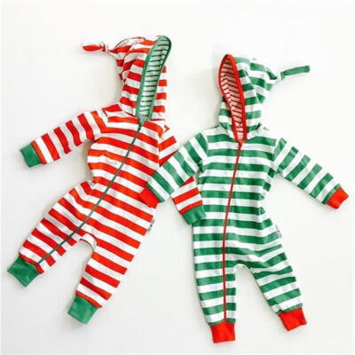 

XMAS Toddler Baby Kids Boys Girls Striped Hooded Romper Jumpsuit Clothes Outfits