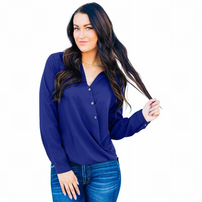 

Shirt Womens Long Sleeve V-neck Button Casual Loose Shirt