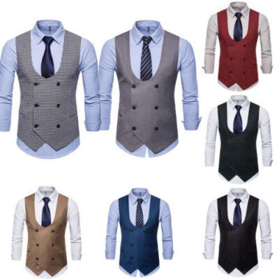 

Men Formal Business Dress Vest Suit Plaid Waistcoat Double-Breasted Coat Tuxedo