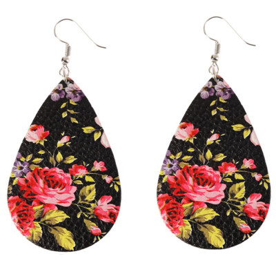 

Boho Women Floral Pattern Teardrop Dangle Faux Leather Hook Earrings Jewelry