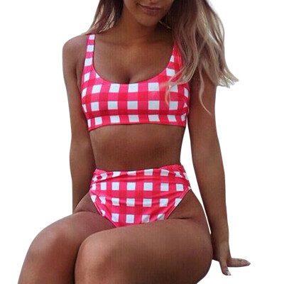 

Roseonmyhand Women Bikini Set Plaid Swimwear Push-Up Padded Bandage Bra Red Swimsuit