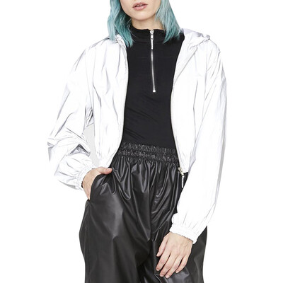 

Toponeto Women Fashion Street Trendy Hat Zipper Reflective Long Sleeve Short Coat Tops