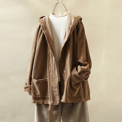 

Tailored Women Vintage Corduroy Hooded Pockets Long Sleeves Plus Size Jacket Coat