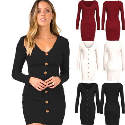

Women Sleeve Long Bodycon V Neck Knitted Dress Jumper Party Mini Sweater Dress