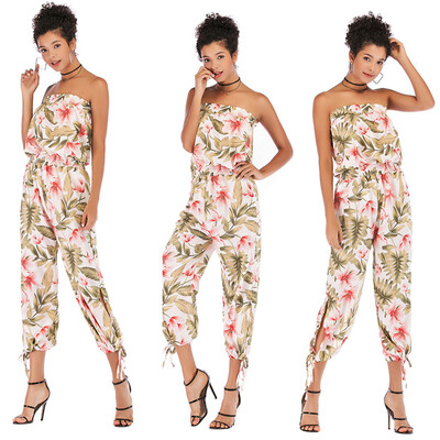 

Starmoon Womens Print One shoulder Halter Sleeveless Ruffled One-piece Trousers Jumpsuit