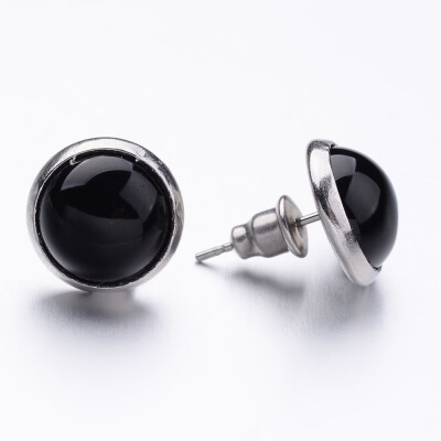 

304 Stainless Steel Stud Earrings with Natural Agate Cabochon 16mm Pin 07mm