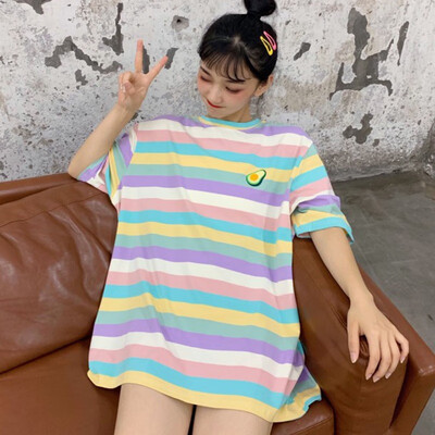 

Womens Fashion Summer Casual T Shirt Short Sleeve O-Neck Rainbow Striped Fruit Embroidery Loose Tee