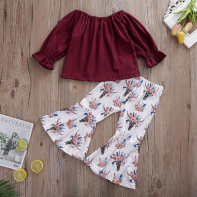 

Toddler Girl Cotton Tops Floral Pants Bell Bottom Outfit Clothes Christmas Gift