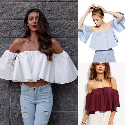 

New Women Ladies Flare sleeve Tank tops Off shoulder tee shirt Crop Top Cropped