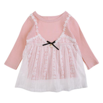 

Spring Lace Cute A-Line Dresses Kids O-Neck Casual Faux Two-Piece Clothing