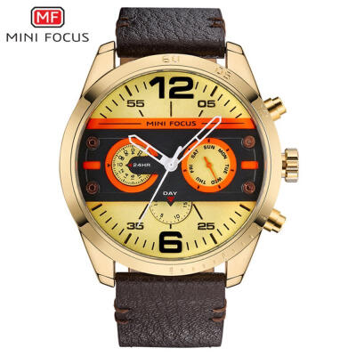 

MINI FOCUS Sports Men Watches Fashion Military Waterproof Quartz Wristwatch 24 Hour Clock With Leather Strap MF0068G