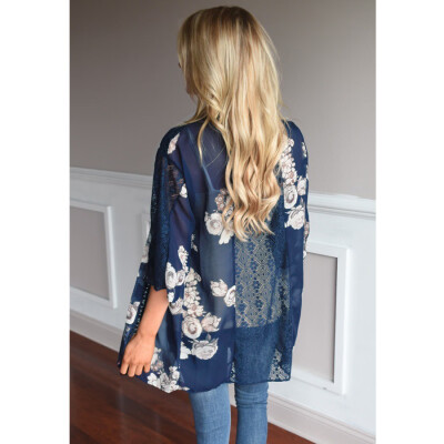 

New Women Chiffon Kimono Cardigan Floral Print Hollow Out Loose Outerwear Beachwear Bikini Cover Up Blue