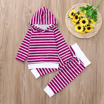 

Newborn Infant Baby Boys Girls Striped Print Hooded Tops Pants Outfits Set