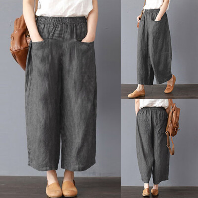 

Women Casual Pocket Cotton And Linen Loose Wide Leg Pants Trousers Pants