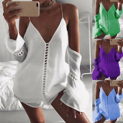

Women Summer V-Neck Strappy Casual Long Sleeve Loose Tops Vest Blouse Tank Tops