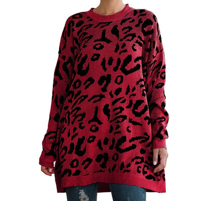 

Winter Women Knitwear Loose Mid Long Casual Euramerican Leopard Print Pullover Knitwear