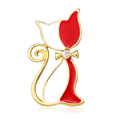 

kitten cat Brooch White& red Enamel Brooches Pins Smooth For Women Cartoon cute