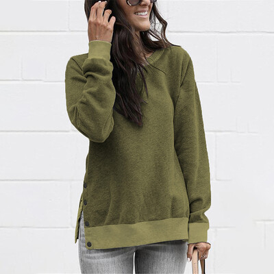 

Womens Long Sleeve Pullover Tops Casual Solid Buttons Loose Sweatshirt Blouse