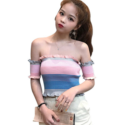 

Womens Slash Neck Striped Short Sleeve Knitted Ruffles Crop Top