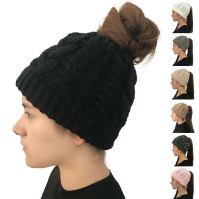 

Women Stretch Knit Hat Messy High Bun Ladies Ponytail Beanie Warm Hole Cap AU