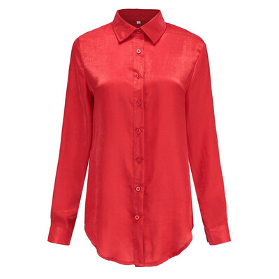 

Elegant Women Long Sleeve Button Red Satin Shirts Spring Casual Tops Women Sexy V neck Silk Blouse feminina blusas
