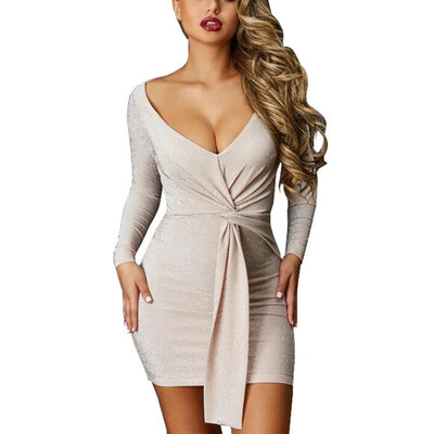

Womens Fashion Sexy Sequined Silk Deep V Neck Long Sleeve Summer Bodycon Knot Mini Dress