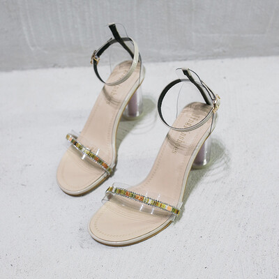 

Sandals female fairy wind 2019 new summer net red super fire transparent thick heel sequins toe buckle high heels