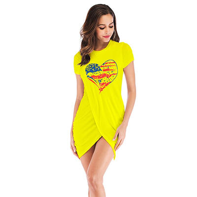 

Love Heart Print Dresses Short Sleeve Women Irregular Cross Slim Dress